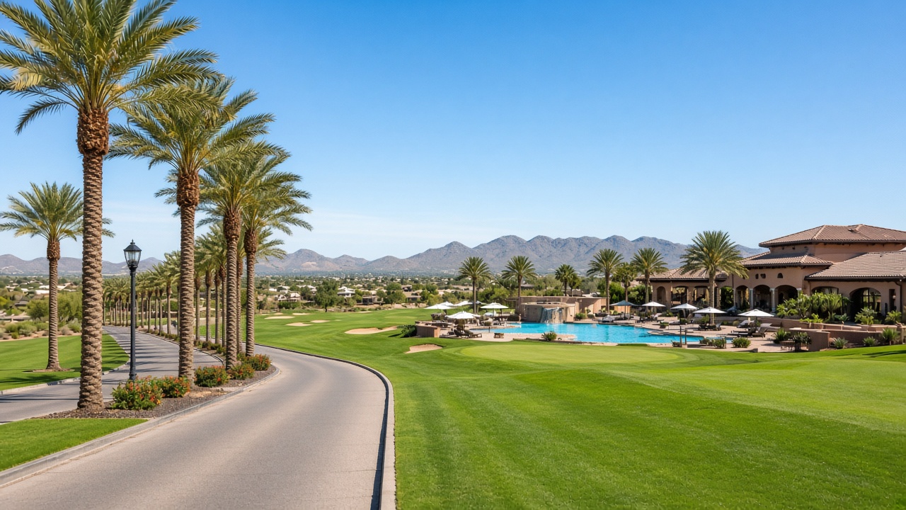 Resort-style 55+ golf community lifestyle with palms, fairways, and pool amenity similar to Pebble Creek in Goodyear